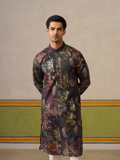 Navy Blue Print Kurta with Foil