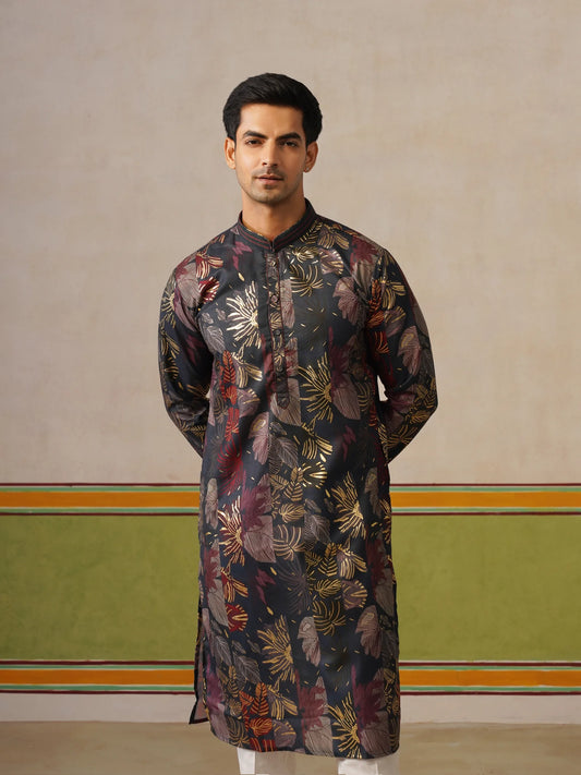 Navy Blue Print Kurta with Foil
