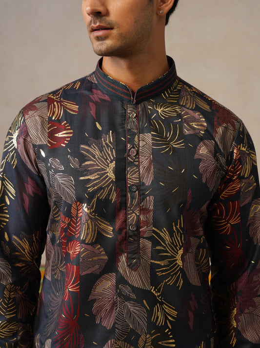 Navy Blue Print Kurta with Foil