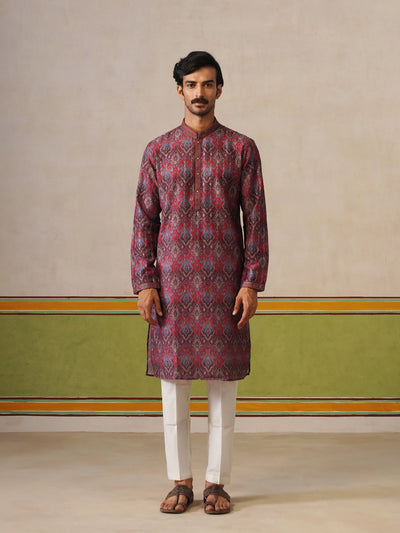 Red Printed Silk Kurta Only