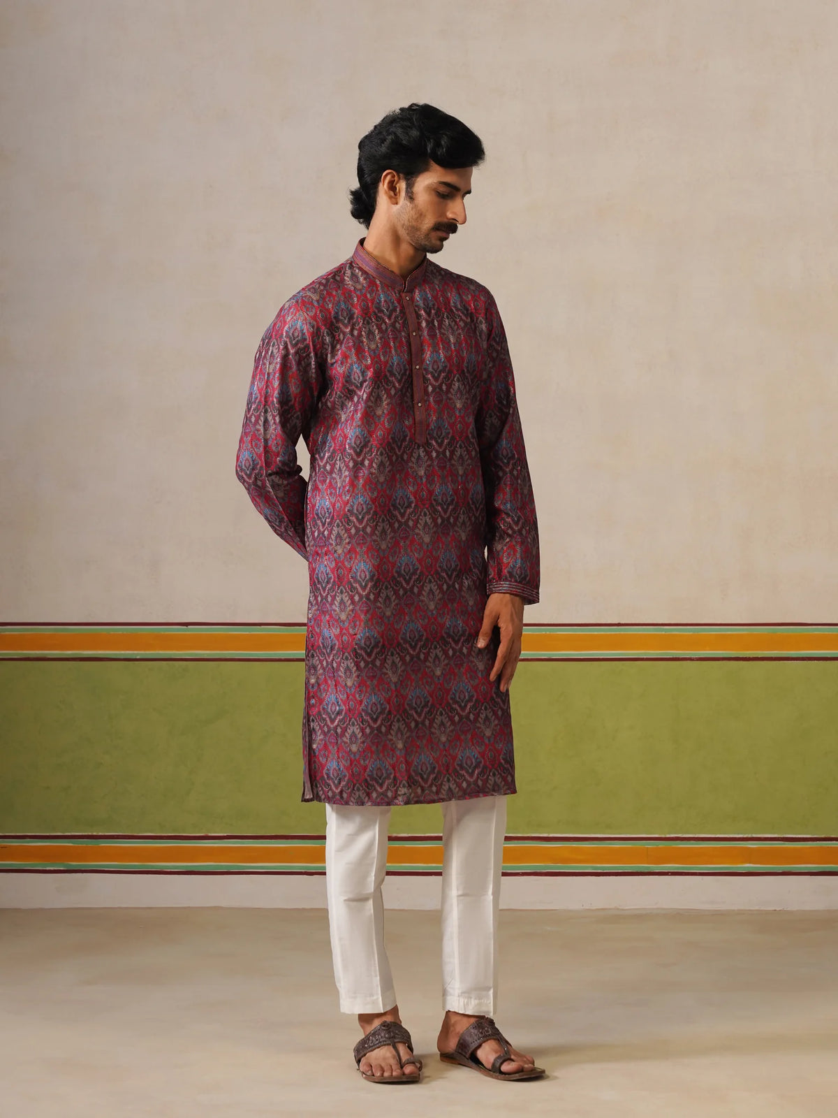 Red Printed Silk Kurta Only
