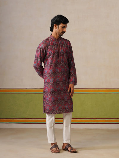 Red Printed Silk Kurta Only