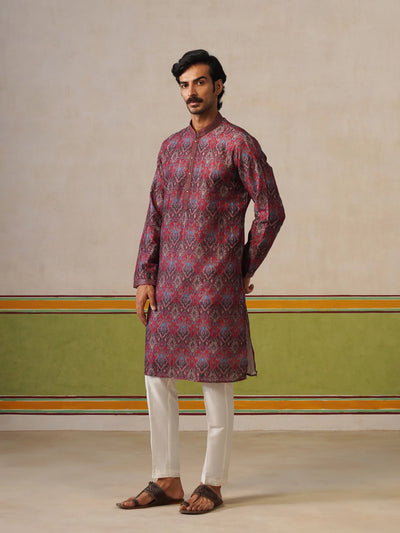 Red Printed Silk Kurta Only