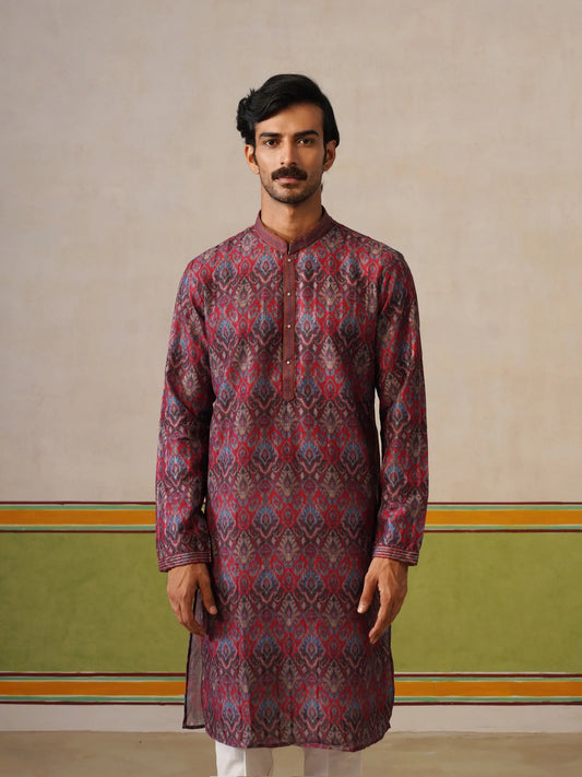 Red Printed Silk Kurta Only