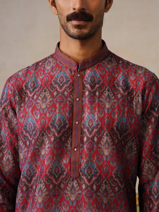Red Printed Silk Kurta Only