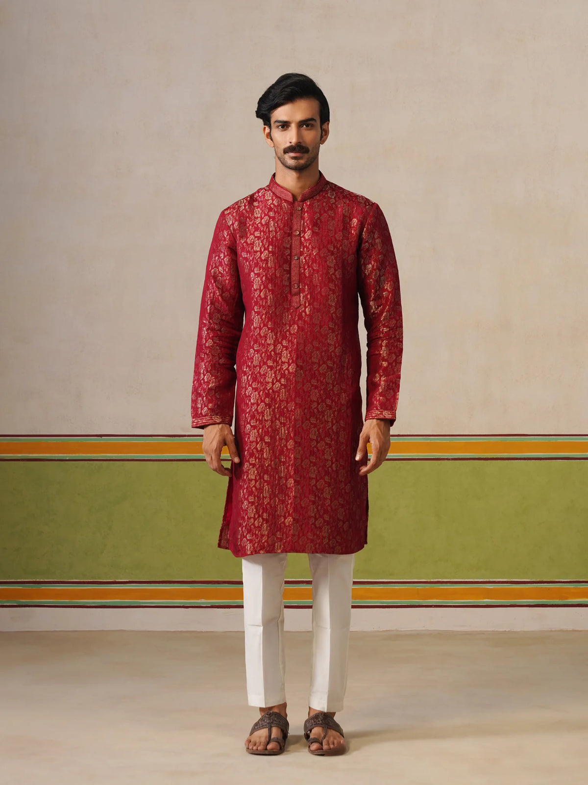 Red Brocket Silk Kurta Pant Set