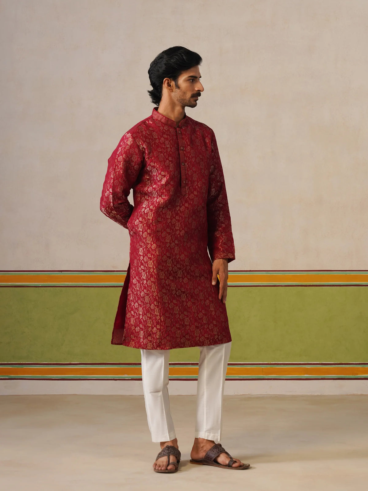 Red Brocket Silk Kurta Pant Set