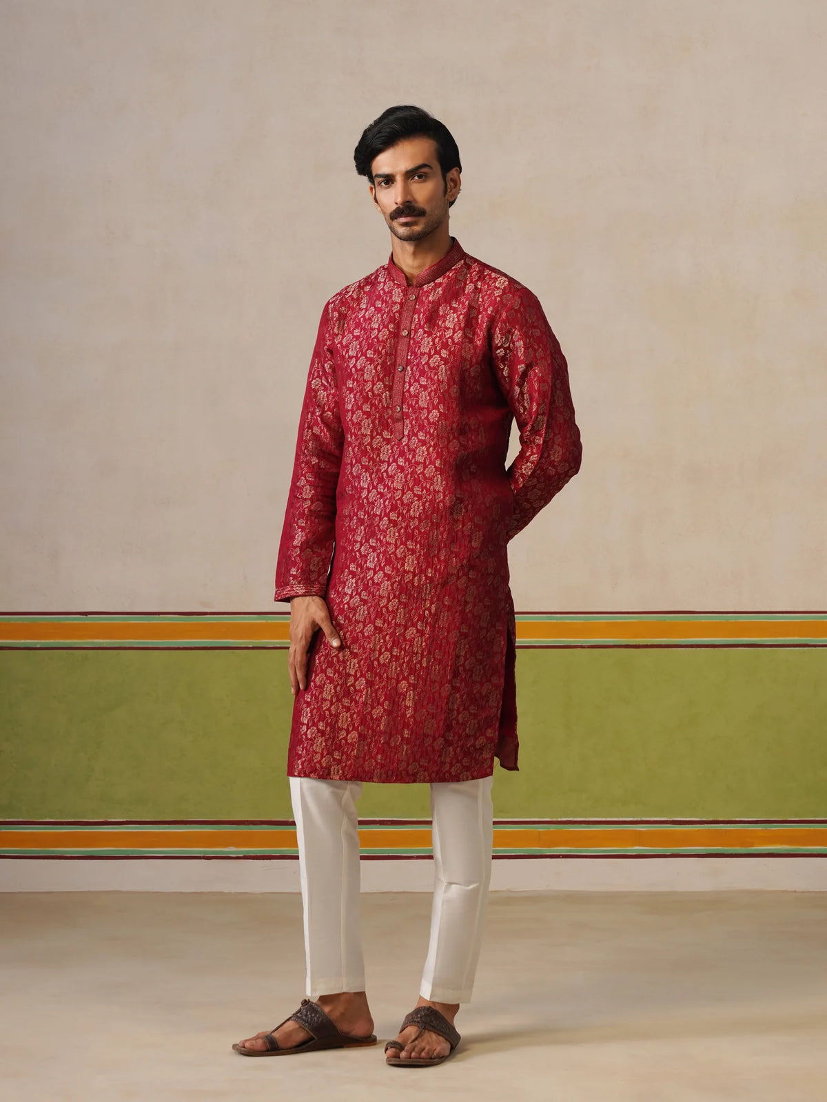 Red Brocket Silk Kurta Pant Set