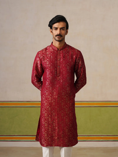 Red Brocket Silk Kurta Pant Set