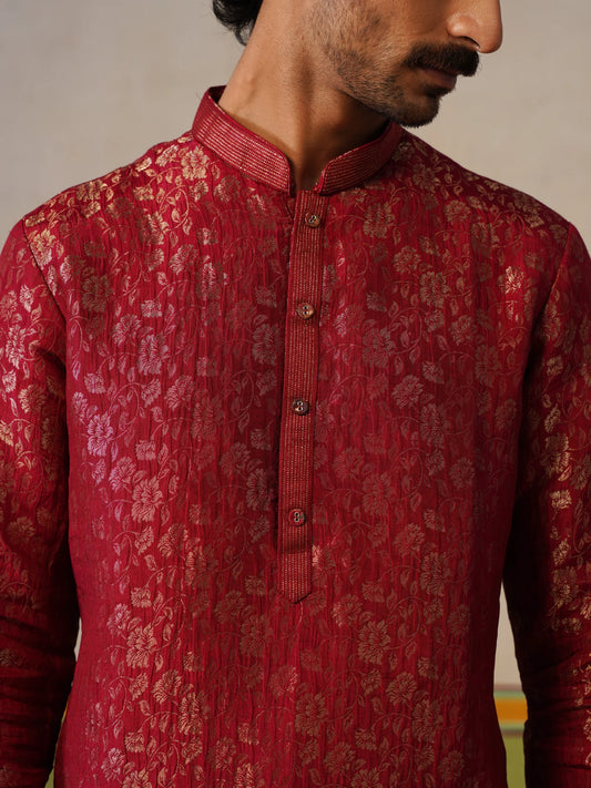 Red Brocket Silk Kurta Pant Set