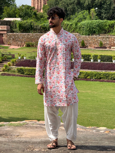 Men Off White Floral Pintex Kurta Patiala Set