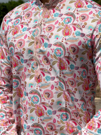 Men Off White Floral Pintex Kurta Patiala Set