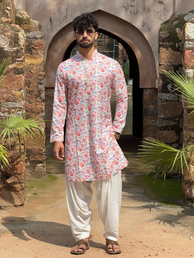 Men Off White Floral Pintex Kurta Patiala Set