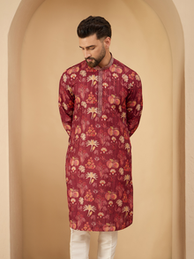 Maroon Printed Silk Kurta With Pintex Design