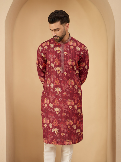 Maroon Printed Silk Kurta With Pintex Design