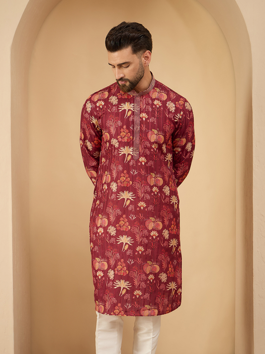 Maroon Printed Silk Kurta With Pintex Design