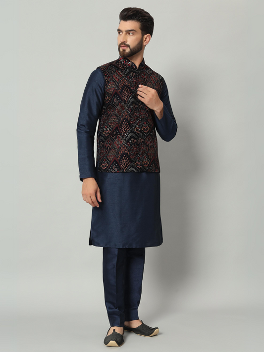 Navy Blue Kurta Velvet Nehru Jacket Trouser Set