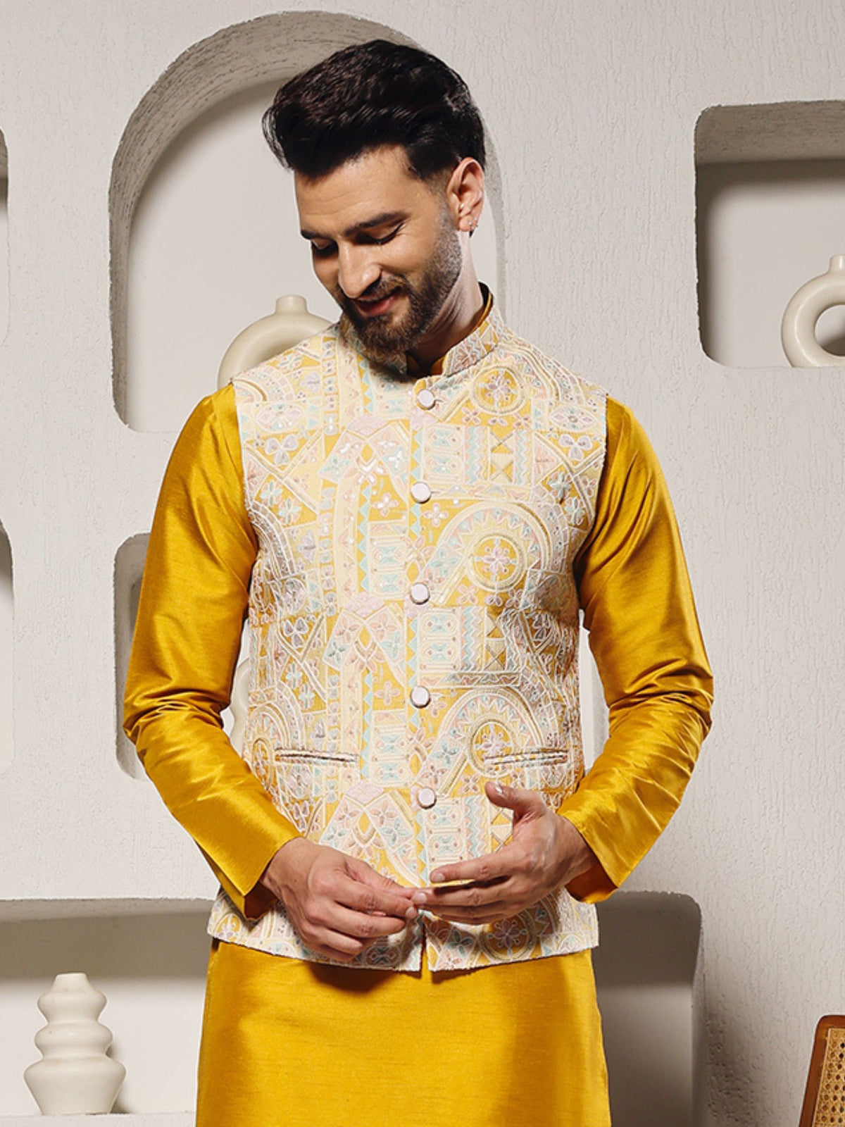 Yellow Position Print Lucknowi Nehru Jacket Set