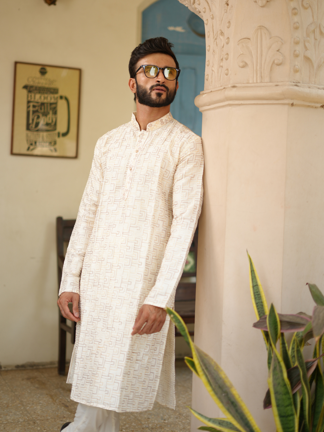 Cream Embroidered Kurta Set
