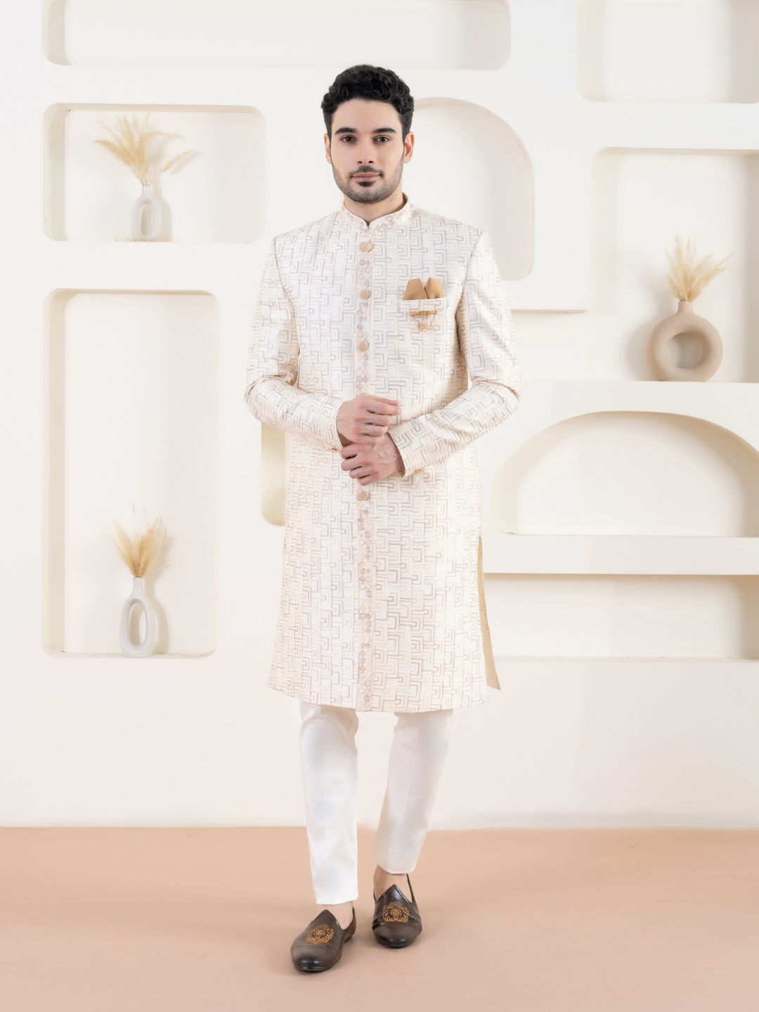 Cream Embroidered Indowestern Set